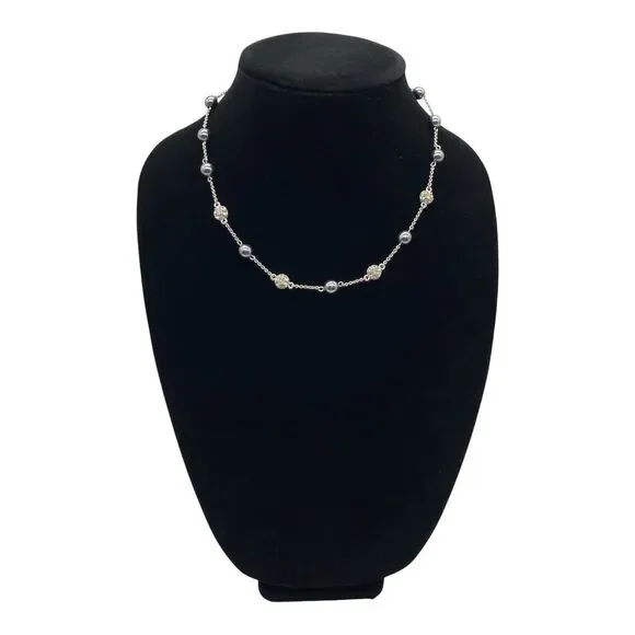 NOLAN MILLER 18” Necklace Silver Tone Gray Faux Round Pearls And Rhinestones - Picture 1 of 5